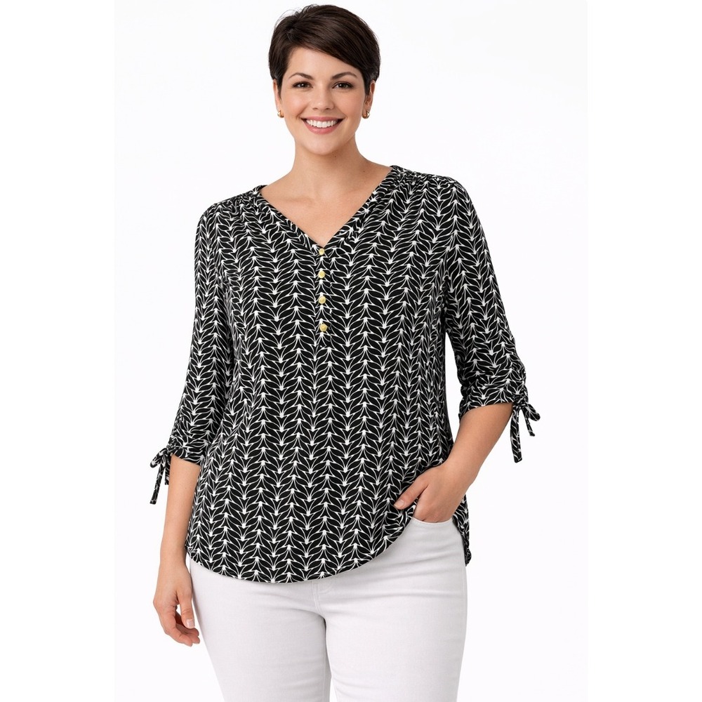 Kaari Blue Blouse Women 1X Black White Excellent 3/4 Tie Sleeve V-Neck Rayon Top